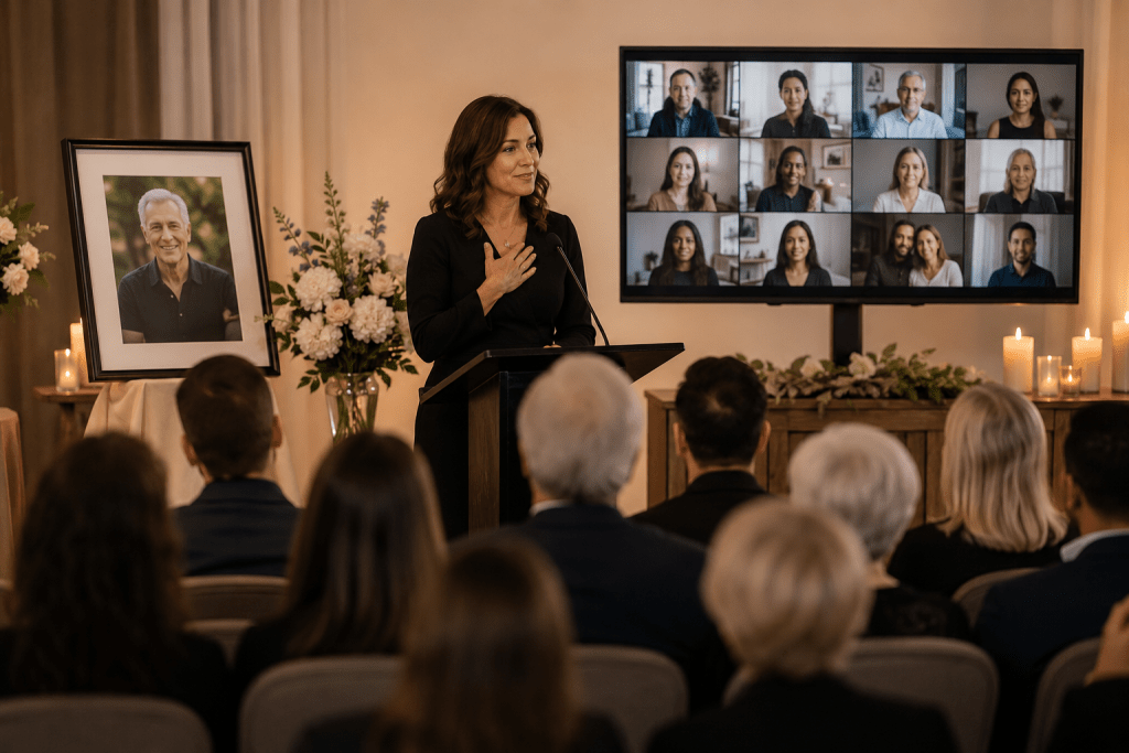 female funeral celebrant speaking at podium with virtual attendees on screen