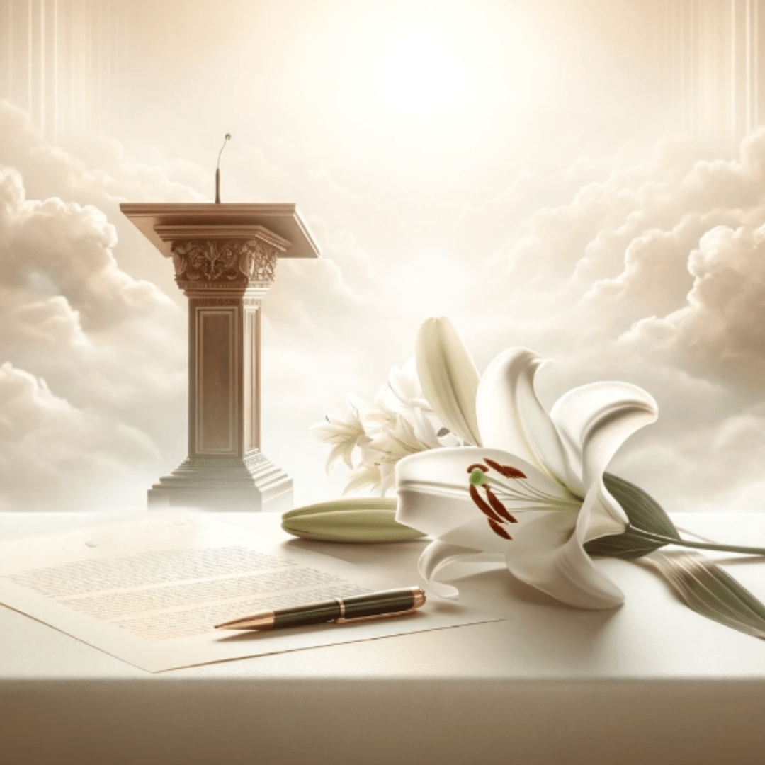 A serene and respectful image representing a memorial service, with a subtle background of clouds symbolizing heaven and tranquility